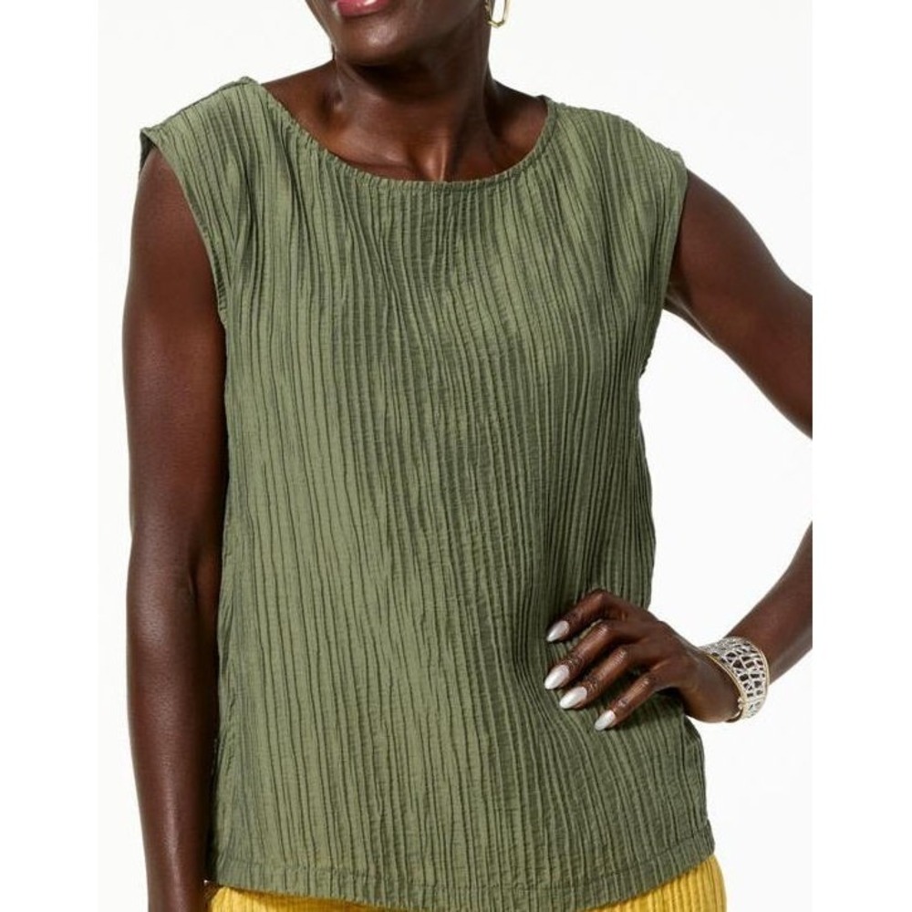Wynne Collection Textured Crinkle Sleeveless Top - Olive Gray - XL